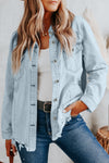 Sky Blue Flap Pocket Buttoned Raw Hem Denim Jacket-Outerwear-MomFashion