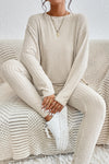 Apricot Ribbed Knit Loose Long Sleeve Top Skinny Pants Set-Loungewear-MomFashion