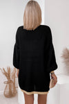 Black Contrast Trim Open Front Lantern Sleeves Cardigan-Tops-MomFashion