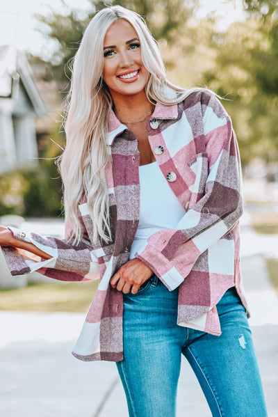 Plaid Color Block Buttoned Long Sleeve Jacket with Pocket-Outerwear-MomFashion