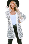 White Striped Side Pockets Open Front Cardigan-Tops-MomFashion