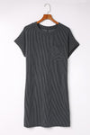 Gray Striped Ribbed Knit T-shirt Shift Dress-Dresses-MomFashion