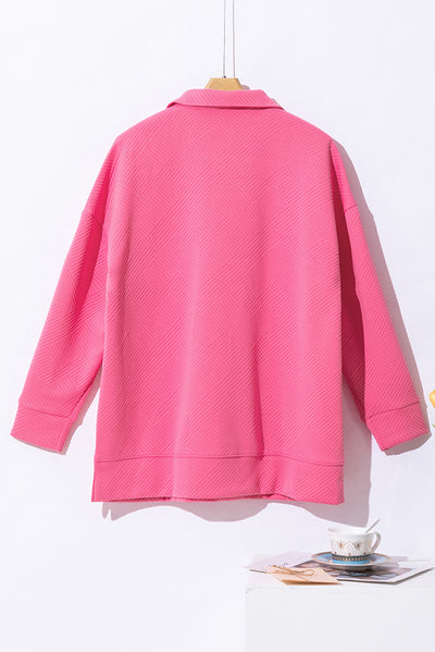 Bright Pink Textured Zipped Neckline Kangaroo Pocket Sweatshirt-Tops-MomFashion