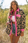 Leopard Contrast Trimmed Leopard Teddy Shacket-Outerwear-MomFashion