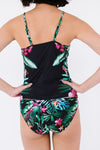 Black Leaf & Flower Print Ruched Tankini Set-Swimwear-MomFashion