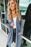 Blue Slub Knit Pocketed Open Front Maxi Cardigan-Tops-MomFashion