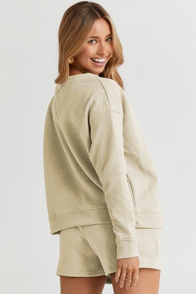 Apricot Textured Long Sleeve Top and Drawstring Shorts Set-Loungewear-MomFashion