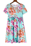 Sky Blue Short Sleeve High Waist Floral T-shirt Dress-Dresses-MomFashion