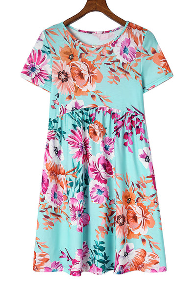 Sky Blue Short Sleeve High Waist Floral T-shirt Dress-Dresses-MomFashion