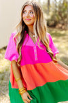 Multicolor Color Block Tiered Puff Sleeve Dress-Dresses-MomFashion