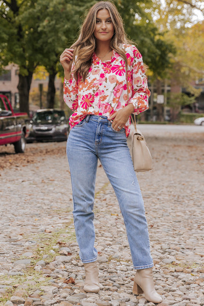 Bright White Floral Print Split V Neck Blouse-Tops-MomFashion