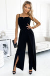 Black Spaghetti Straps Slit Leg Jumpsuit with Pockets-Bottoms-MomFashion