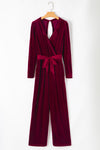 Fiery Red Velvet Pocketed Cut out Back Wide Leg Jumpsuit-Bottoms-MomFashion