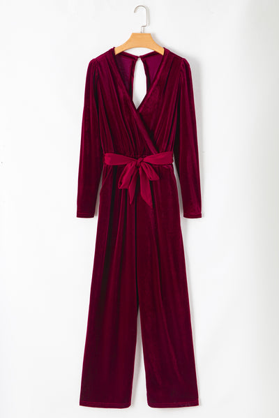 Fiery Red Velvet Pocketed Cut out Back Wide Leg Jumpsuit-Bottoms-MomFashion