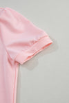 Pink Collared V Neck Puff Sleeve T-shirt-Tops-MomFashion