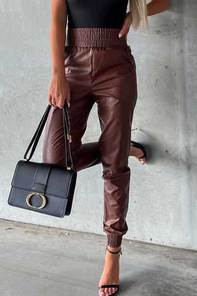 Brown Smocked High-Waist Leather Skinny Pants-Bottoms-MomFashion