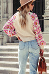 Rose Crochet Puff Sleeve Contrast Knit Sweater-Tops-MomFashion