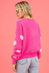 Bright Pink Fuzzy Valentine Hearts Drop Shoulder Sweater-Tops-MomFashion