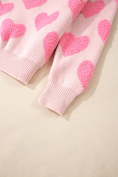 Light Pink Valentine’s Day Heart Jacquard Knit Sweater-Tops-MomFashion