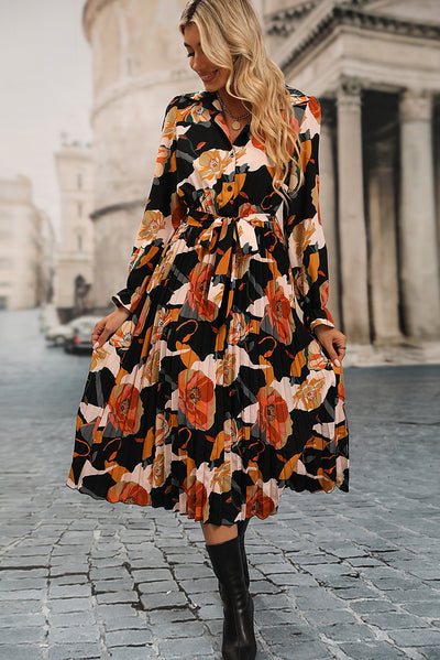 Multicolor Floral Print Waist Tie Pleated Midi Shirt Dress-Dresses-MomFashion