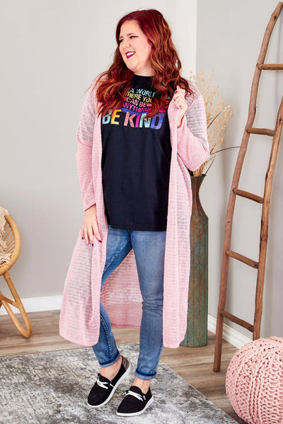 Pink Sheer Knitted Long Side Slit Plus Size Cardigan-Plus Size-MomFashion