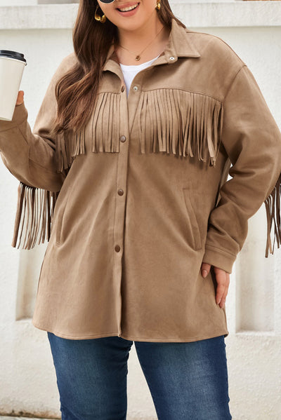 Khaki Fringe Trim Plus Size Suede Shacket-Plus Size-MomFashion