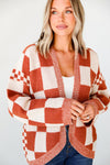 Chestnut Mix Checkered Open Front Knit Cardigan-Tops-MomFashion