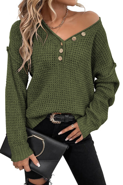 Pickle Green Pointelle Knit Button V Neck Drop Shoulder Sweater-Tops-MomFashion