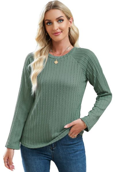 Green Ribbed Round Neck Knit Long Sleeve Top-Tops-MomFashion