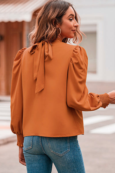 Orange Long Bubble Sleeve Mock Neck Chiffon Blouse-Tops-MomFashion