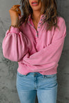 Pink Washed Snap Buttons Lantern Sleeve Pullover Sweatshirt-Tops-MomFashion