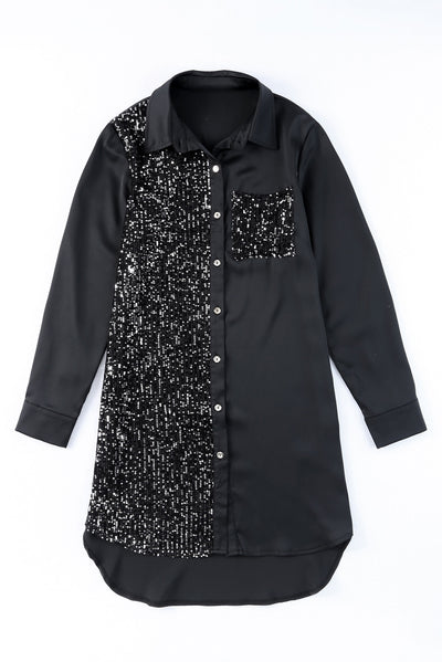 Black Sequin Splicing Pocket Buttoned Shirt Dress-Dresses-MomFashion