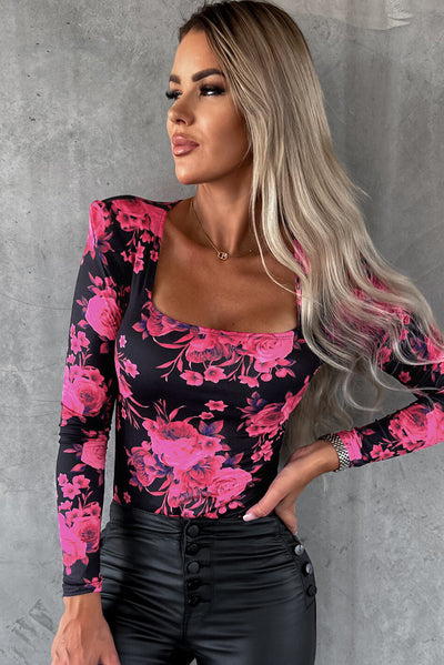 Rose Red Floral Print Shoulder Pad Long Sleeve Square Neck Top-Tops-MomFashion