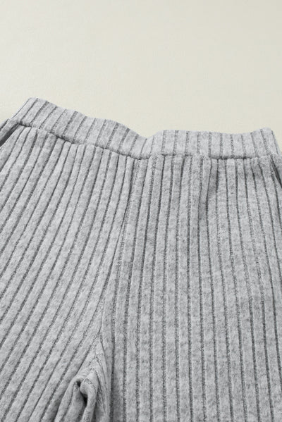 Light Grey Ribbed Knit V Neck Slouchy Two-piece Outfit-Loungewear-MomFashion