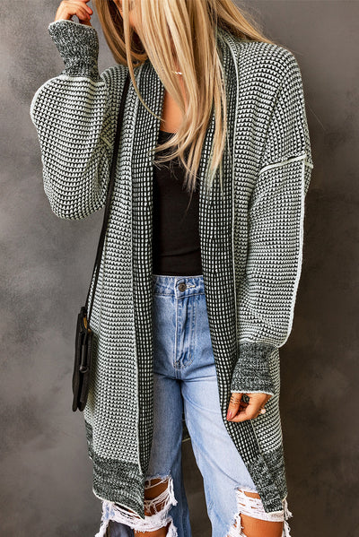 Gray Plaid Knitted Long Open Front Cardigan-Tops-MomFashion