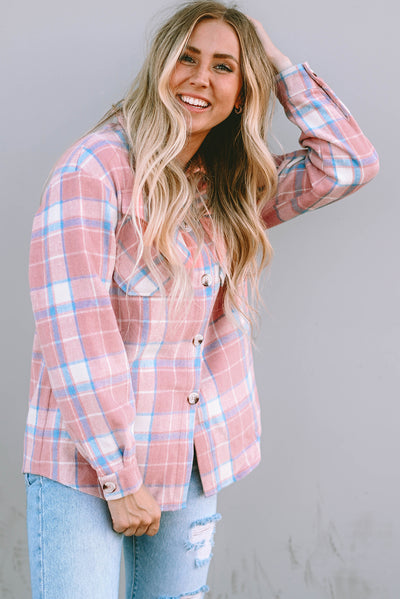 Pink Plaid Flap Pocket Flannel Shacket-Outerwear-MomFashion