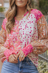 Pink Mixed Floral Printed Puff Sleeve V-Neck Shirt-Tops-MomFashion