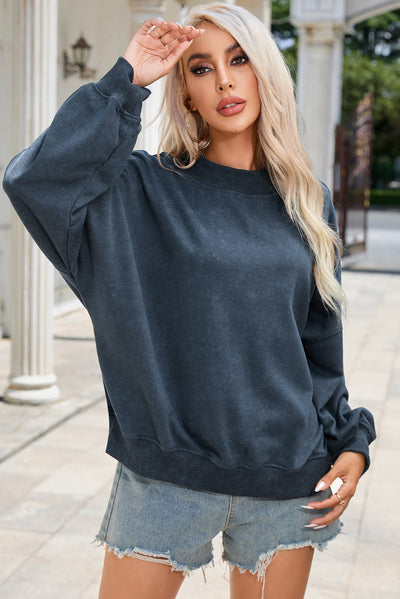 Sky Blue Drop Shoulder Crew Neck Pullover Sweatshirt-Tops-MomFashion