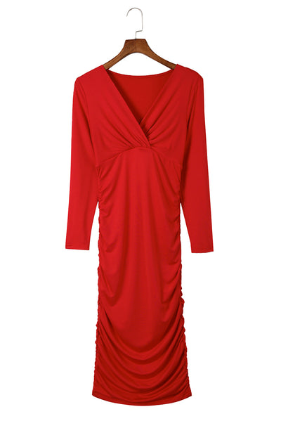 Fiery Red Long Sleeves Wrap V Neck Ruched Sheath Bodycon Dress-Dresses-MomFashion