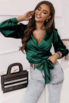 Blackish Green Satin Surplice V Neck Knot Blouse-Tops-MomFashion