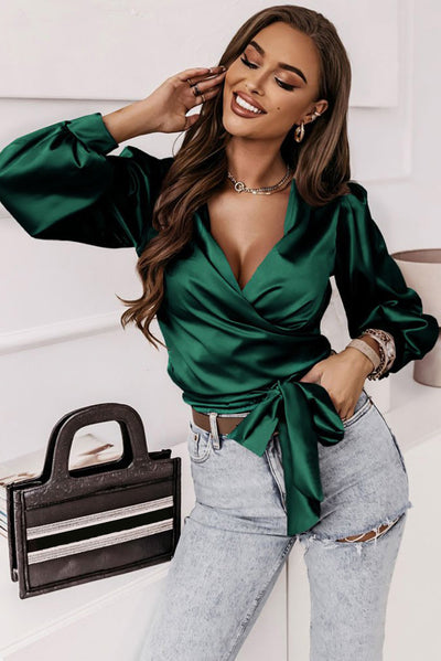 Blackish Green Satin Surplice V Neck Knot Blouse-Tops-MomFashion