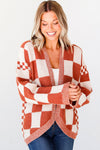 Chestnut Mix Checkered Open Front Knit Cardigan-Tops-MomFashion