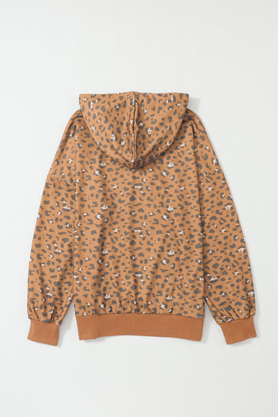 Leopard Long Sleeve Drawstring Cropped Hoodie-Tops-MomFashion