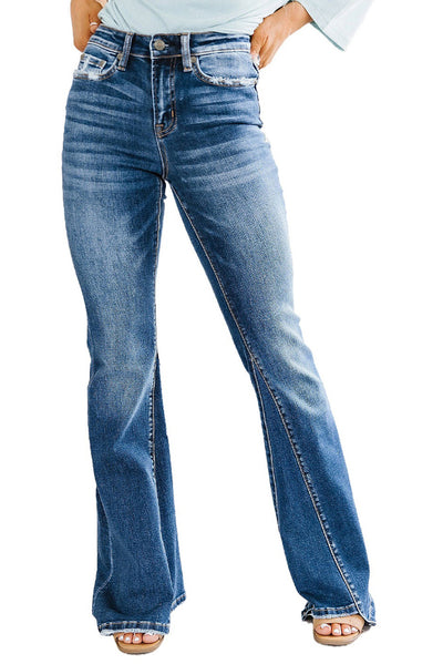 Sky Blue Medium Wash High Rise Flare Jeans-Bottoms-MomFashion