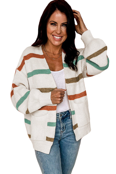 Beige Drop Shoulder Pocketed Stripe Sweater Cardigan-Tops-MomFashion