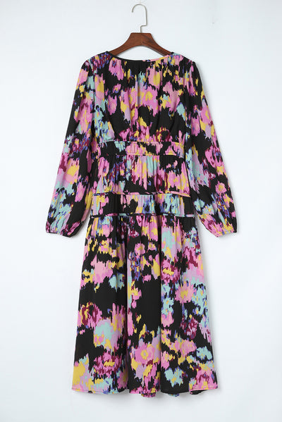 Black Abstract Print Pleated High Waist Maxi Dress-Dresses-MomFashion