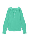 Green Trimmed Neckline Waffle Knit Henley Top-Tops-MomFashion