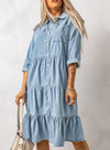 Sky Blue Ruffled Denim Full Buttoned Midi Dress-Dresses-MomFashion