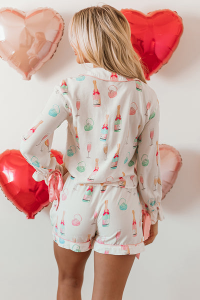 White Christmas Wine Glass Print Bow Knot Two Piece Pajama Set-Loungewear & Sleepwear/Sleepwear-MomFashion