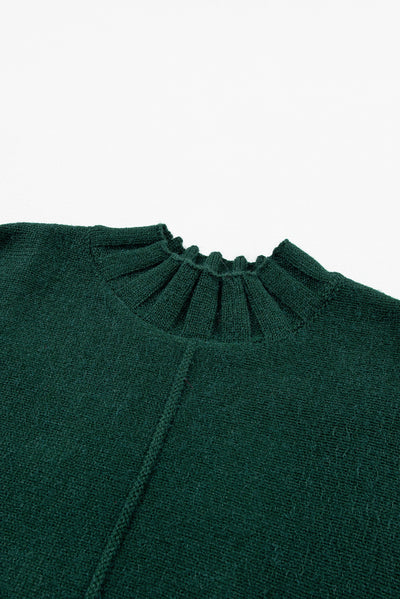 Blackish Green Mock Neck Batwing Short Sleeve Knit Sweater-Tops-MomFashion